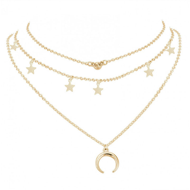 Bellissima collana a 3 catene color oro con pietre, luna e stelle
