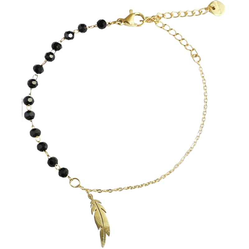 Bracciale elegante con bellissima piuma e bellissime perle nere | Acciaio inossidabile placcato oro