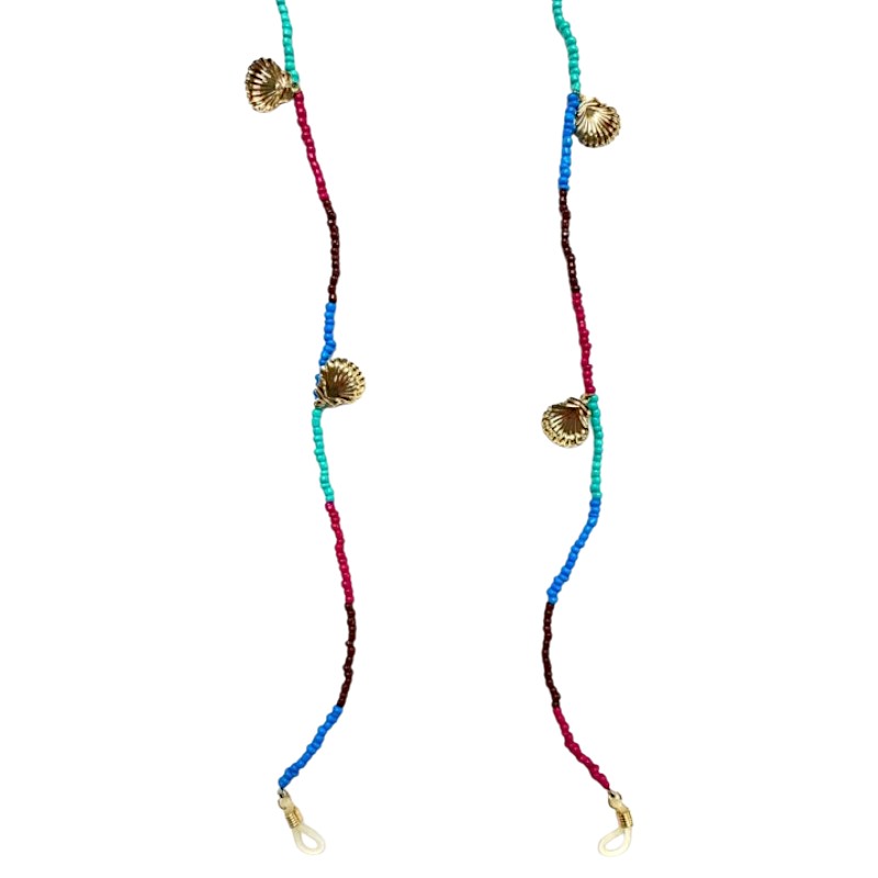 Lange Perlenbrillenkette - Goldmuscheln